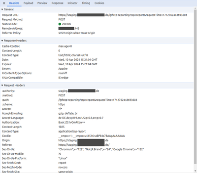 Screenshot from Chromium's network console with request and response headers from the CSP reporting call