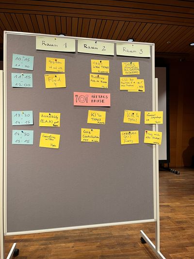 Session schedule of day two with handwritten papers on a board