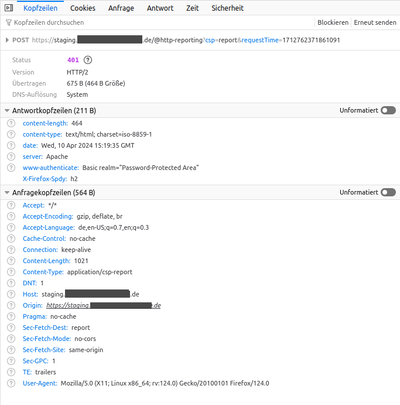 Screenshot from Firefox's network console with request and response headers from the CSP reporting call