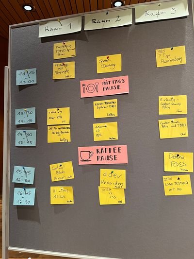 Session schedule of day one with handwritten papers on a board